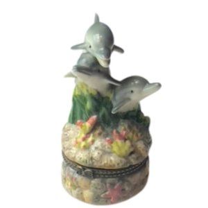 🍐🍄 Vintage Porcelain Dolphin Trinket Box 🍇🐷